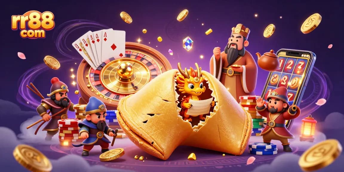 Experience thrilling wins at rr88 com with a dynamic scene featuring a golden fortune cookie and casino elements.