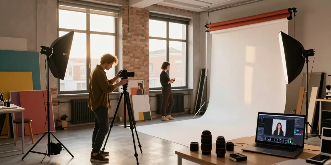 Fotografo professionista a Milano che regola la macchina fotografica in uno studio vibrante, mostrando creatività e arte come fotografo Milano