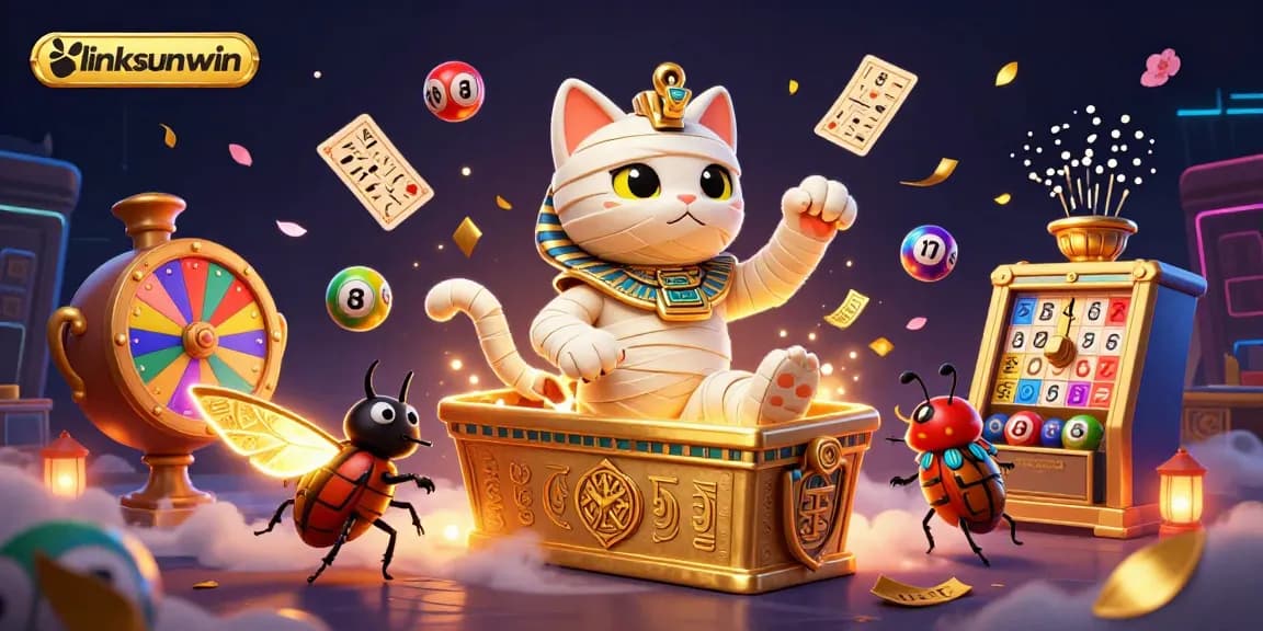 Experience thrilling excitement with linksunwin in this vibrant 3D illustration of a mummy cat and scarab beetle amidst casino elements.
