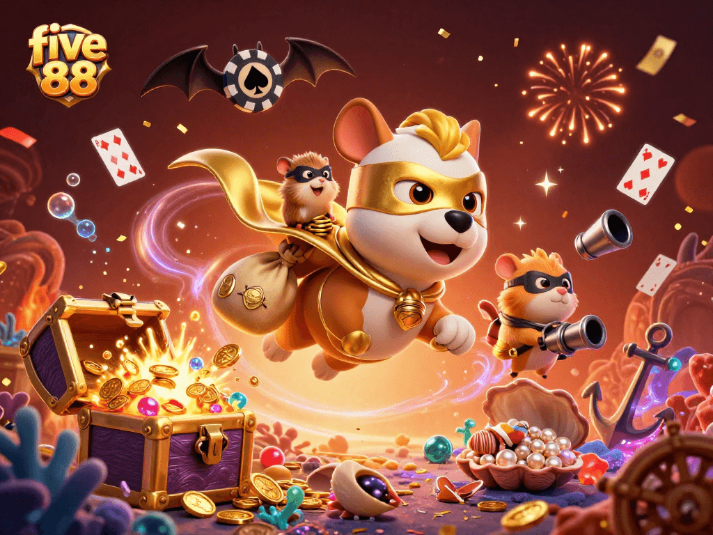 Engage with five 88 by playing exciting casino games featuring gold coins and cartoon characters.