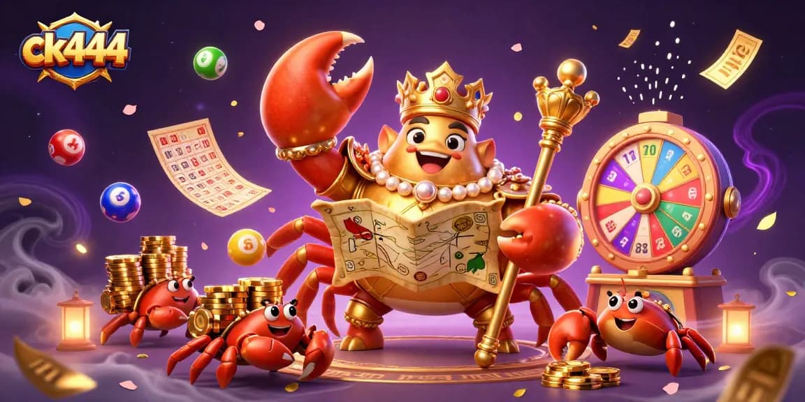 Experience ck444's vibrant gameplay with a golden crab emperor leading a treasure hunt in this thrilling casino illustration.