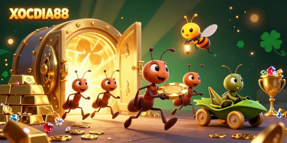 Experience thrilling heist action with XOCDIA88's animated ants and massive poker chip adventure amidst treasure.