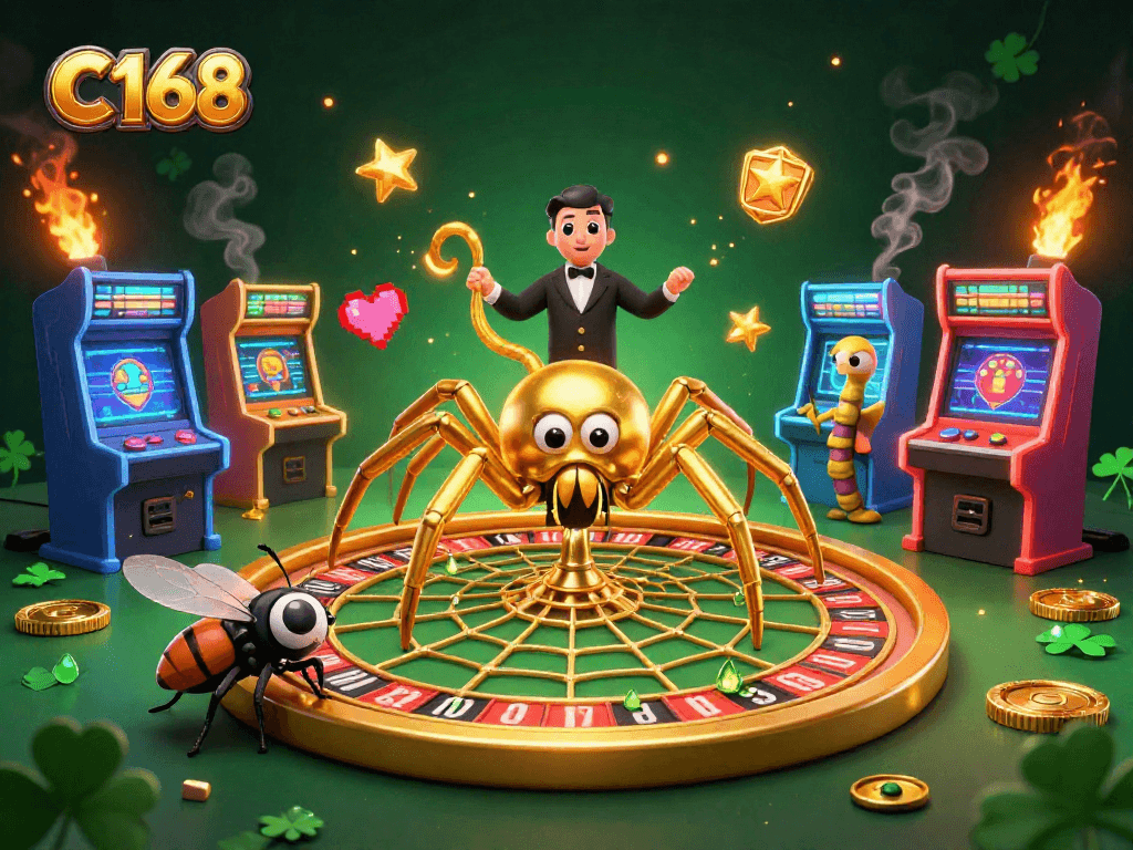 Experience C168's thrilling roulette gameplay with a golden web spun by a spider in a vibrant casino scene.