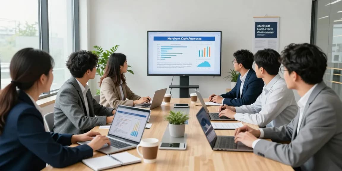 Business strategy meeting discussing merchant cash advance for small business with diverse entrepreneurs analyzing financial data.