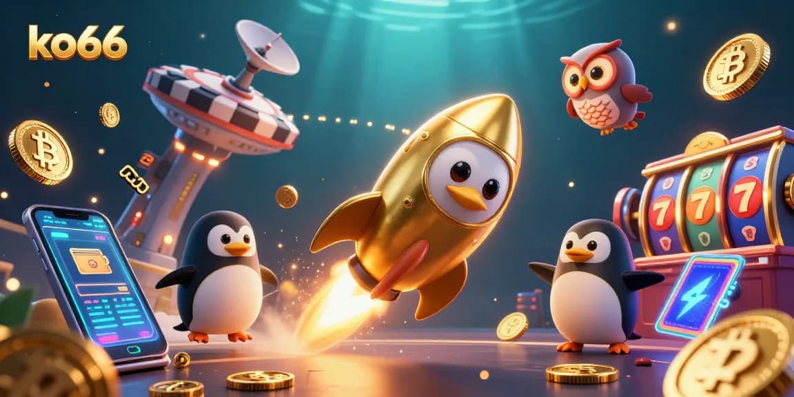 Slots and crypto collide in a vibrant ko66 illustration featuring a golden penguin and a poker chip casino.