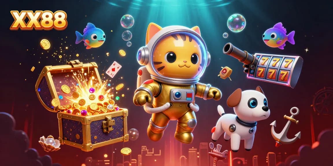 Experience the excitement at XX88 with a golden astronaut cat and alien treasures in a vibrant casino scene.