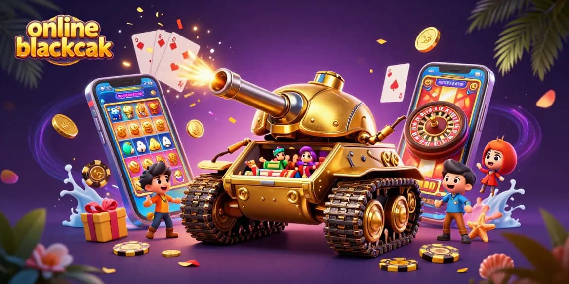 Experience the thrill of online blackjack with vibrant 3D illustration featuring a casino tank and gaming elements.