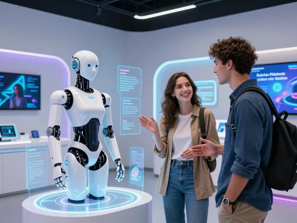 Lifelike sex bot engaging with a visitor in a futuristic tech showroom, showcasing advanced AI features.