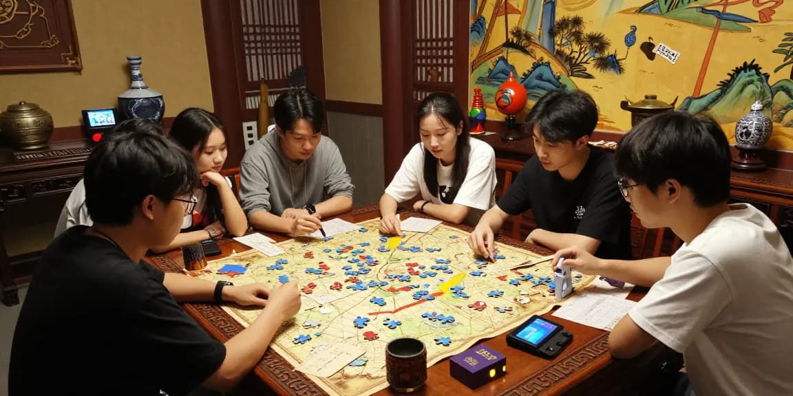 Participants exploring rokok 88 adventure, solving puzzles amidst ornate Eastern-themed decor.