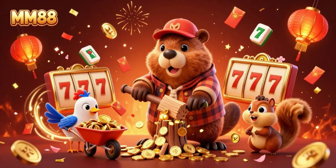 MM88 engaging casino experience: a beaver collecting golden coins amidst dynamic slot game elements.