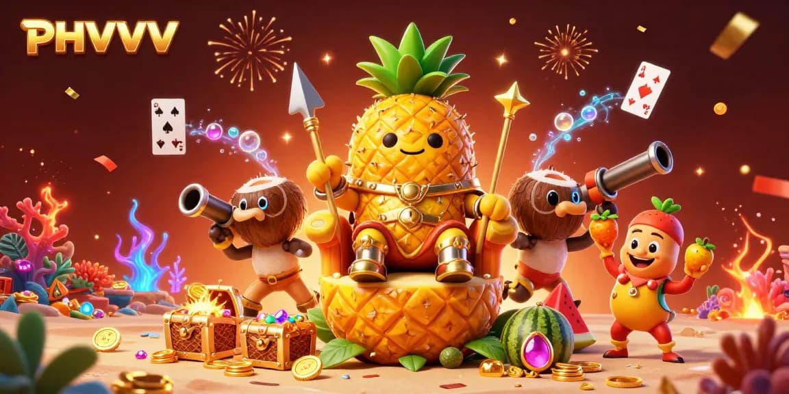 Win big in PHVVV with our vibrant 3D casino theme featuring a pineapple king and beach elements.