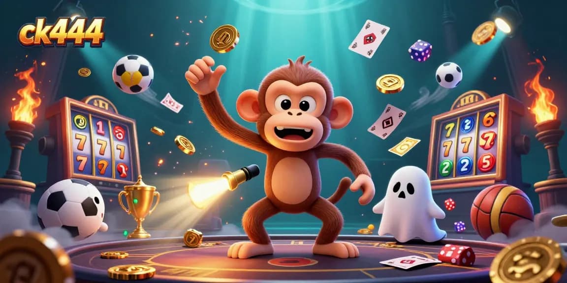 Engage with ck444 as a ghost-hunter puppy tracks a mischievous monkey juggling golden casino coins in a vibrant, lively scene.