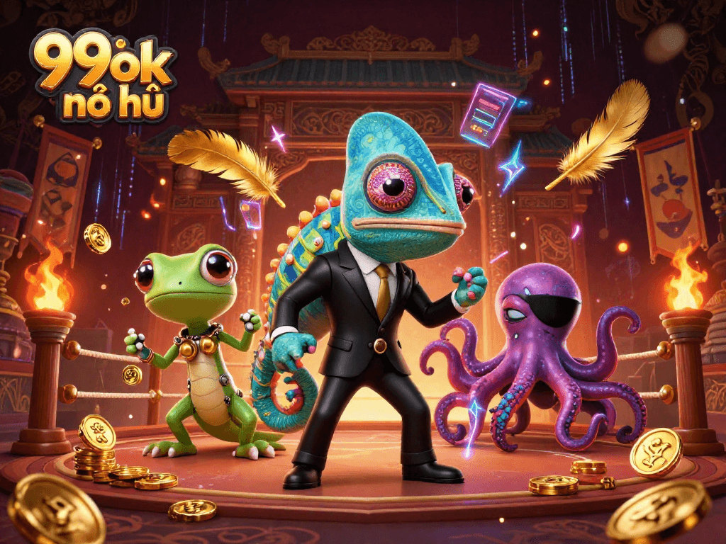 Experience thrilling action with 99ok nổ hũ in a vibrant 3D casino environment featuring dynamic characters.