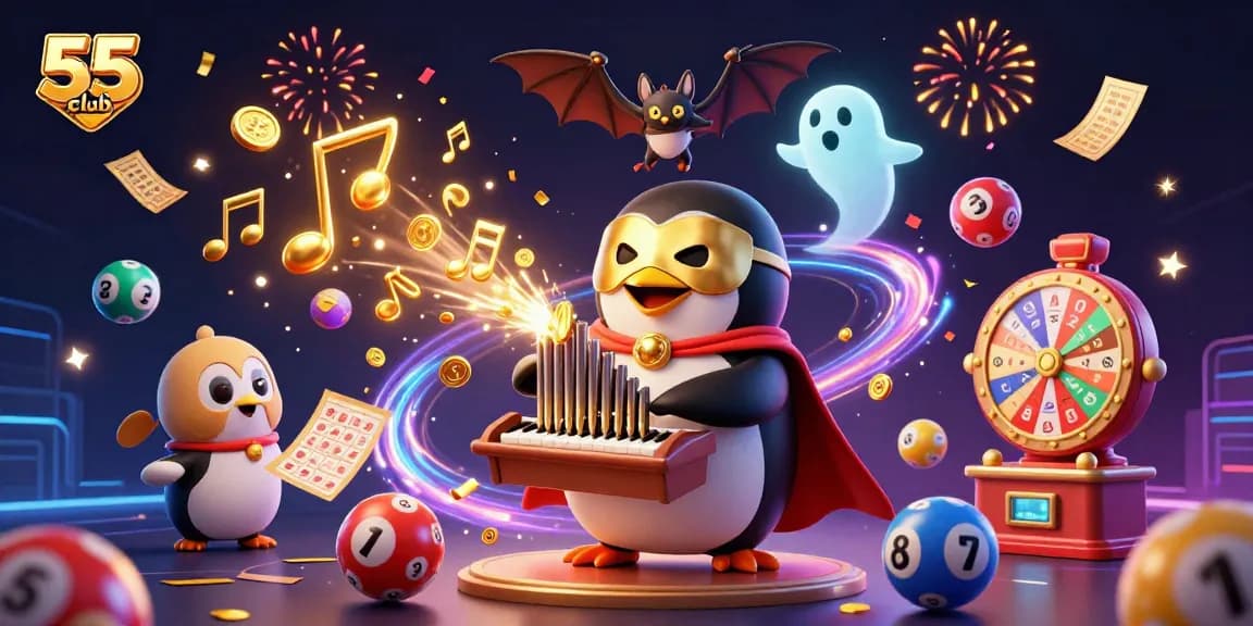 Engage with 55club by winning exciting prizes in a vibrant, animated casino scene.