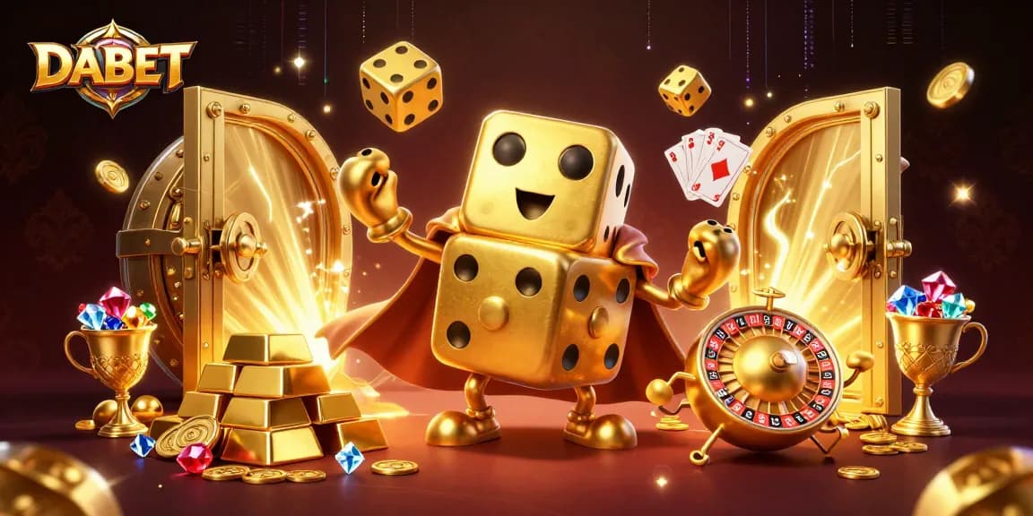 DABET players enjoying a vibrant, action-packed casino scene with golden dice and treasures
