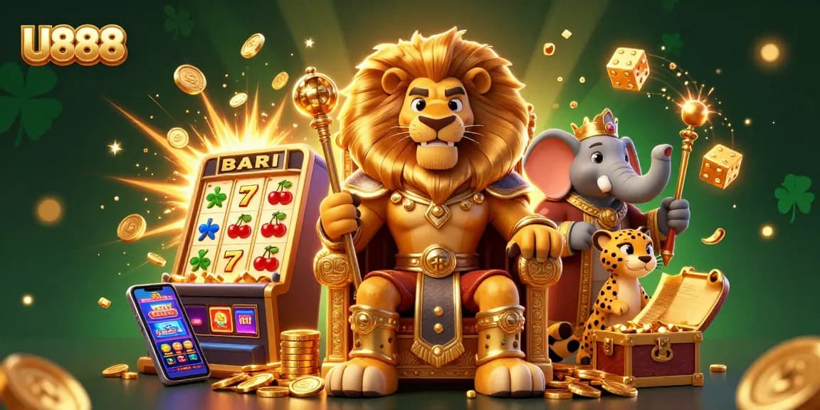 Win big with U888 in a dazzling 3D casino illustration featuring a joyful lion king.