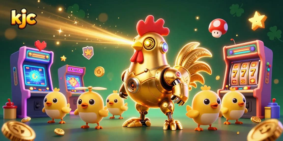 KJC showcases a vibrant casino atmosphere with a golden rooster robot and playful drone chicks amidst dynamic game elements.