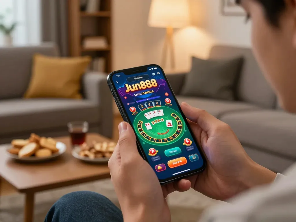 Player engaging with the Jun888 casino app on a smartphone, enjoying a blackjack game at home.