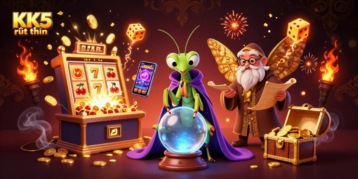 KK5 rút tiền symbolizing fast payouts, featuring a vibrant 3D illustration of a fortune teller and magical elements.