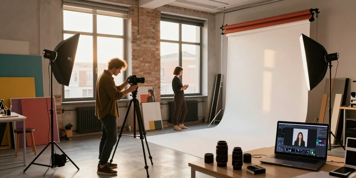 Fotografo professionista a Milano che regola la macchina fotografica in uno studio vibrante, mostrando creatività e arte come fotografo Milano