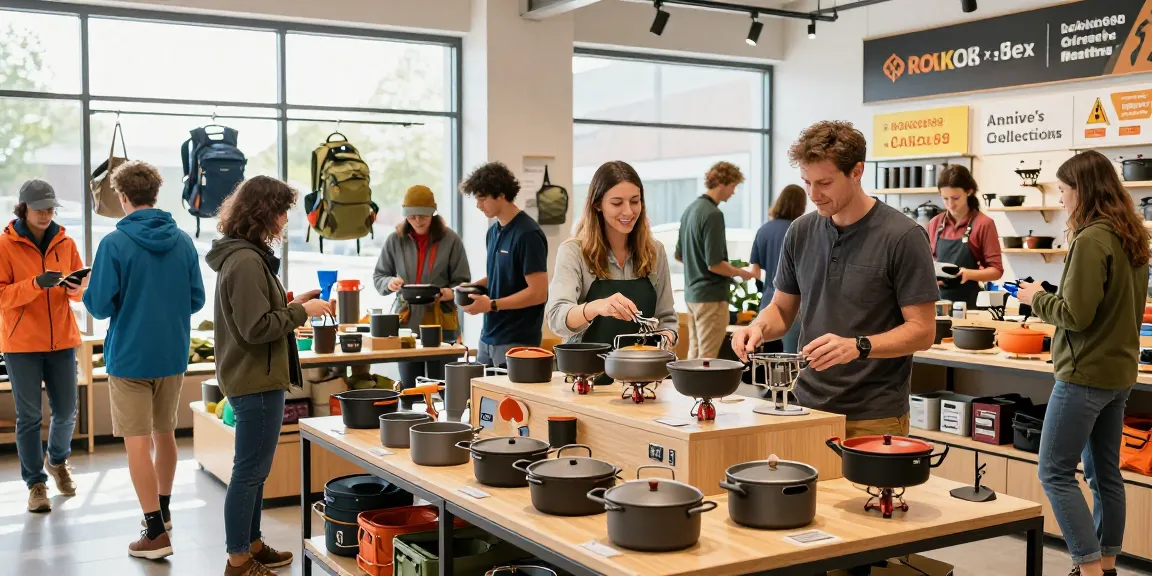 Shoppers exploring ROKOK88 outdoor gear and cast iron cookware at Annie's Collections, showcasing vibrant retail atmosphere.