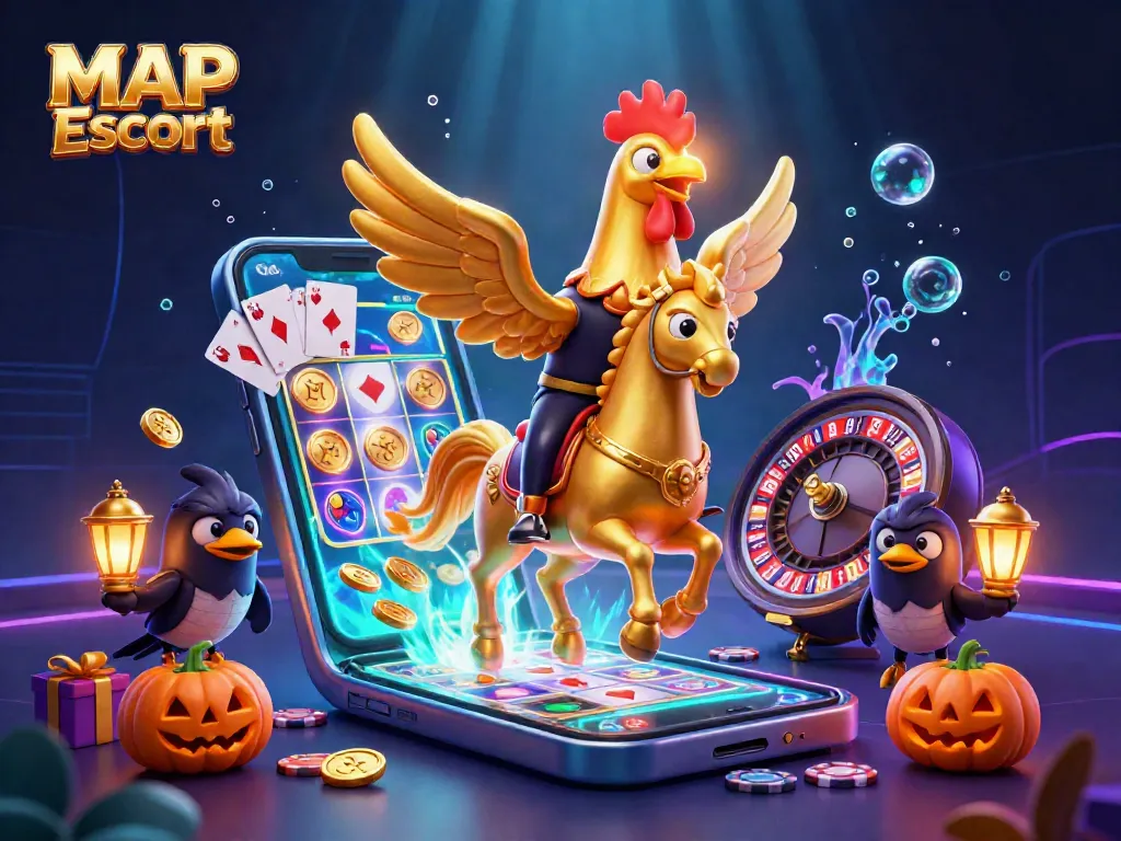 Engage with MAP Escort, featuring a golden rooster and friends amidst vibrant casino games and colorful slot reels.