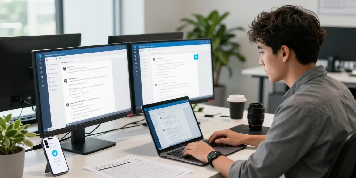 Download Telegram on a modern workspace with professionals using the app.