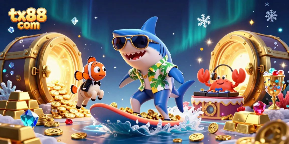 Experience excitement with tx88 com in this vibrant casino-themed illustration featuring a hammer-head shark and treasures.