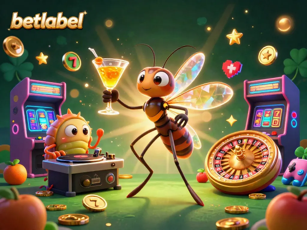 Betlabel casino illustration features a vibrant cartoon scene with a unique frozen mosquito mascot, slot reels, and neon gaming elements.