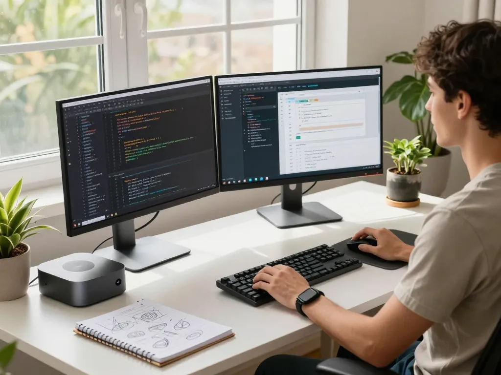 Mac mini setup in a modern home office with dual monitors, coding environment, and natural light.