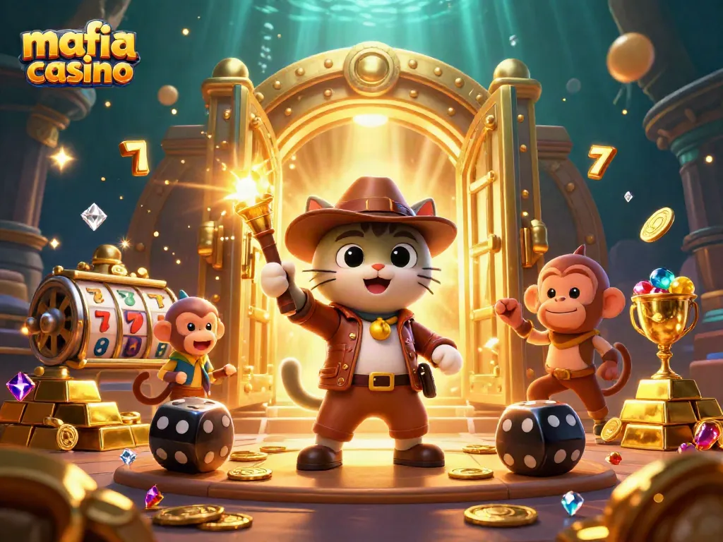 Discover excitement at mafia casino with a cartoon archaeologist cat amidst riches and slot reels.
