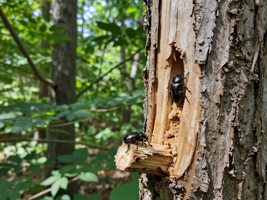 Coleotteri del legno, evidenziando coleotteri che scavano nel legno nel loro habitat naturale.
