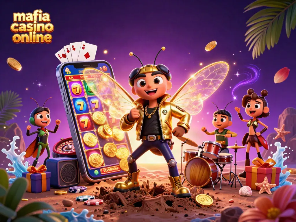 Experience the excitement of mafia casino online with a dynamic illustration of a cartoon rock star and casino elements.