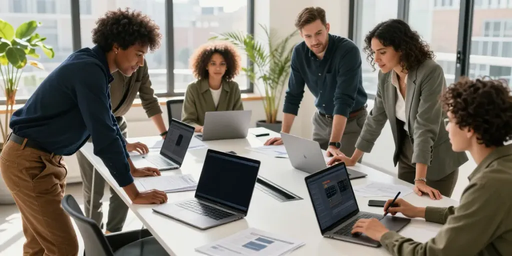 Promozione del Black Friday Blaklader in un ambiente di lavoro urbano con un team che collabora.