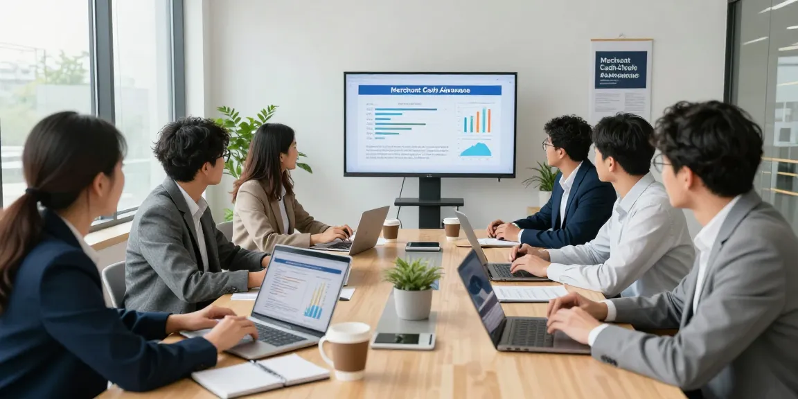 Business strategy meeting discussing merchant cash advance for small business with diverse entrepreneurs analyzing financial data.