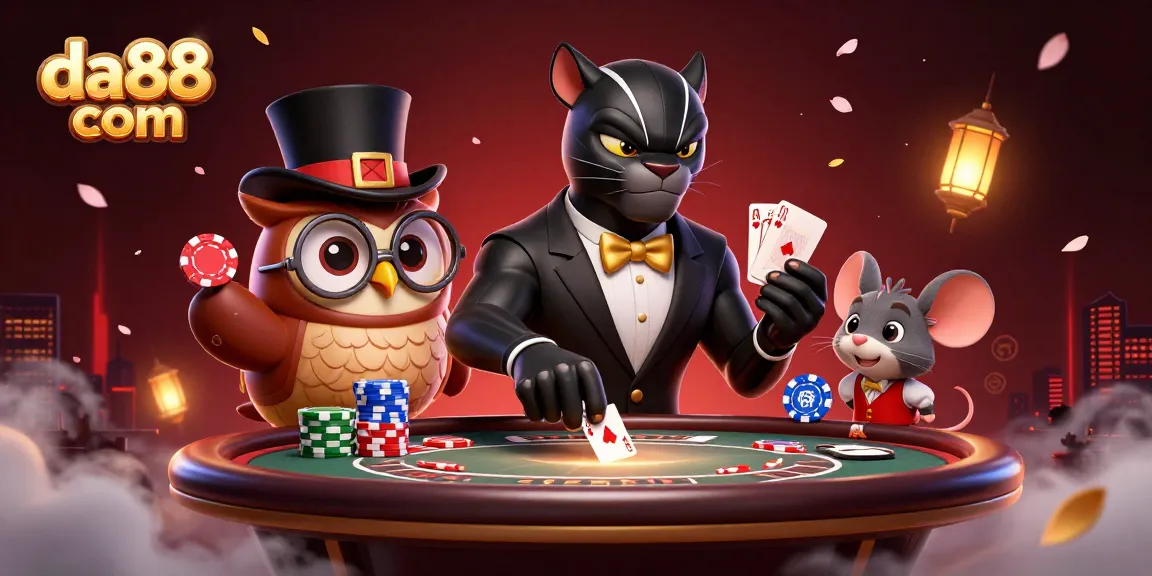 Engage in thrilling poker action at da88 com with a stylish panther, wise owl, and lucky mouse.