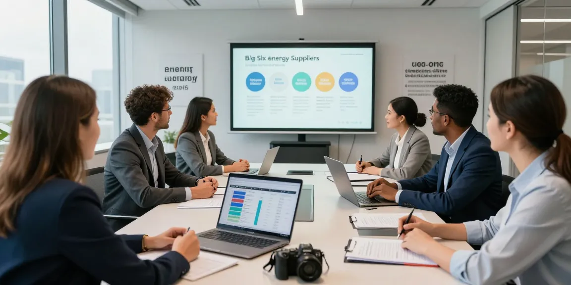 Discussion on big six energy suppliers in a modern office setting, highlighting team collaboration and energy pricing strategies.