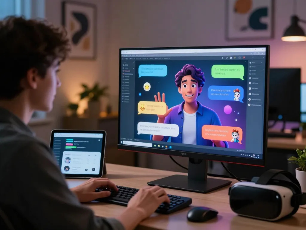 Engaging NSFW AI chat experience with colorful character interface in a modern workspace.