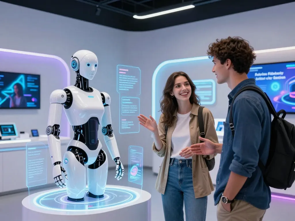 Lifelike sex bot engaging with a visitor in a futuristic tech showroom, showcasing advanced AI features.