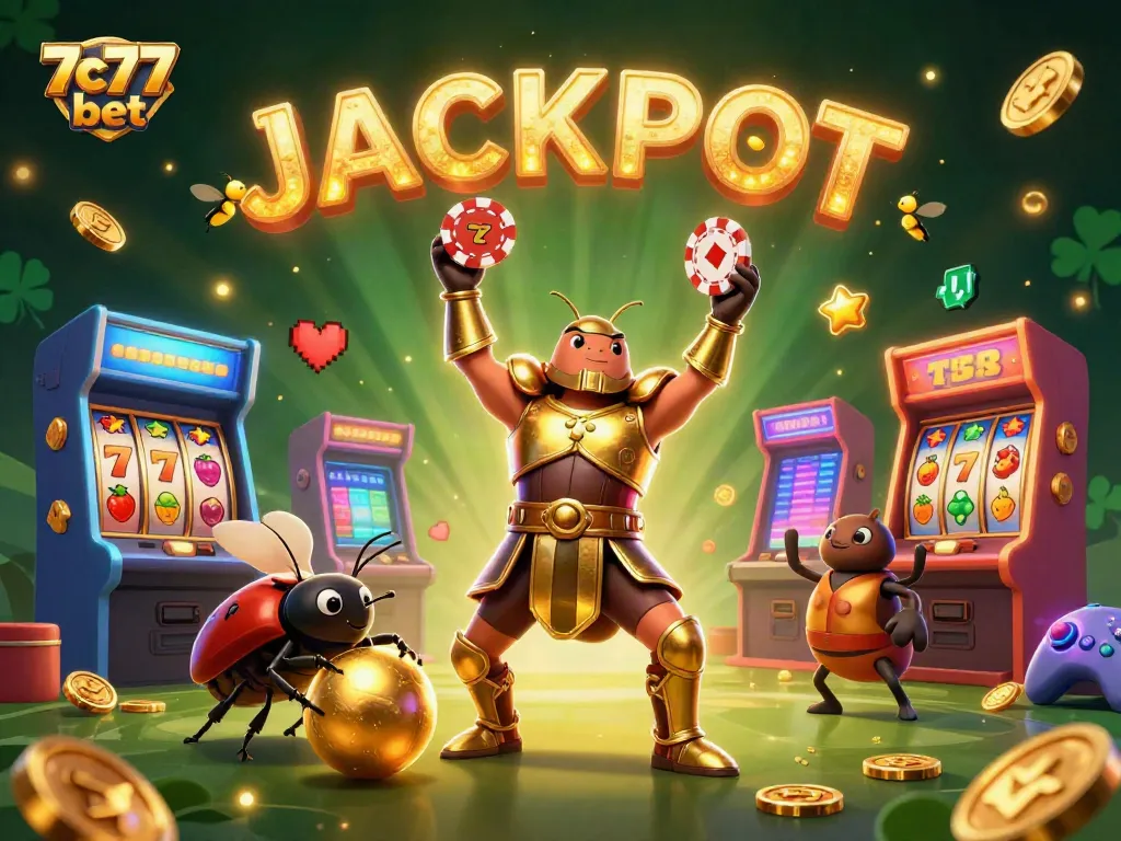 Engage with 7c77 bet in this vibrant 3D illustration showcasing a victorious beetle lifting a poker chip amidst jackpot symbols.