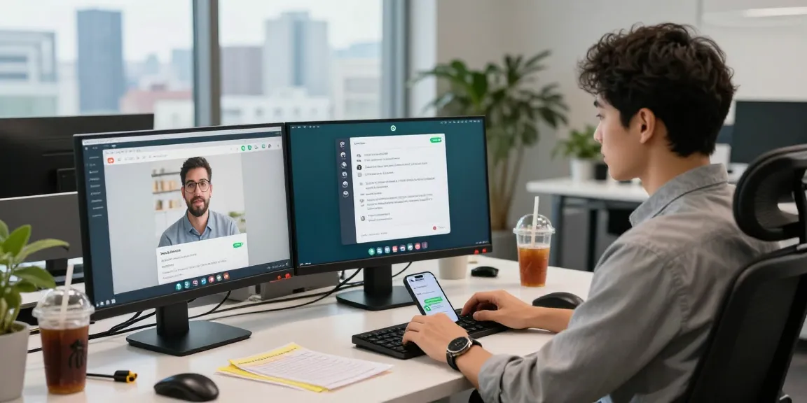 Showcasing WhatsApp網頁版 usage in a modern office workspace with multiple screens.