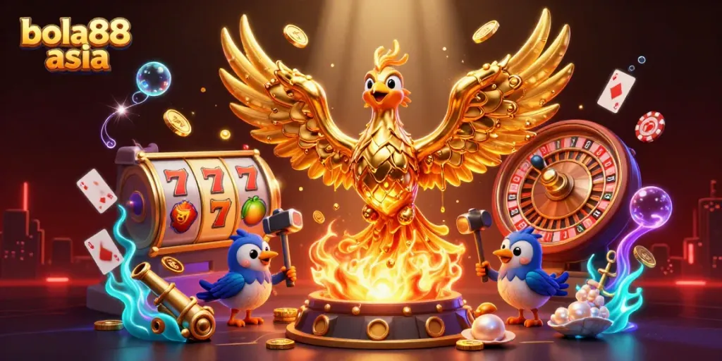 Bets on bola88 asia's thrilling games reveal a golden phoenix amidst casino excitement.