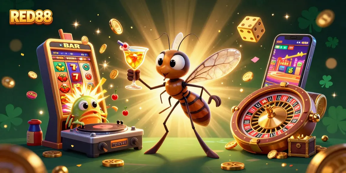 Experience RED88 with a lively casino scene featuring a vibrant mosquito mascot and exciting game elements.