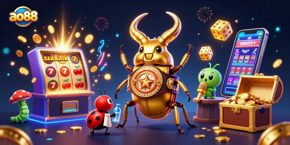 Experience excitement at ao88 with a giant golden stag beetle and vibrant casino elements.