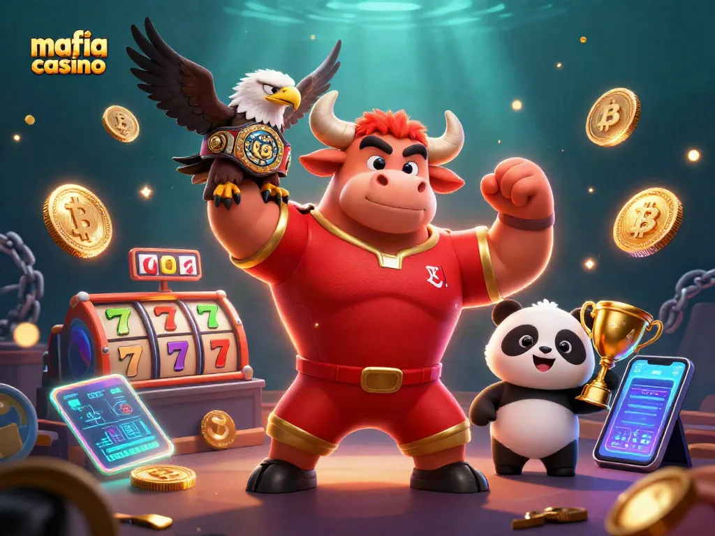 Mafia casino illustrated scene featuring a muscular bull, eagle, and panda with casino elements.