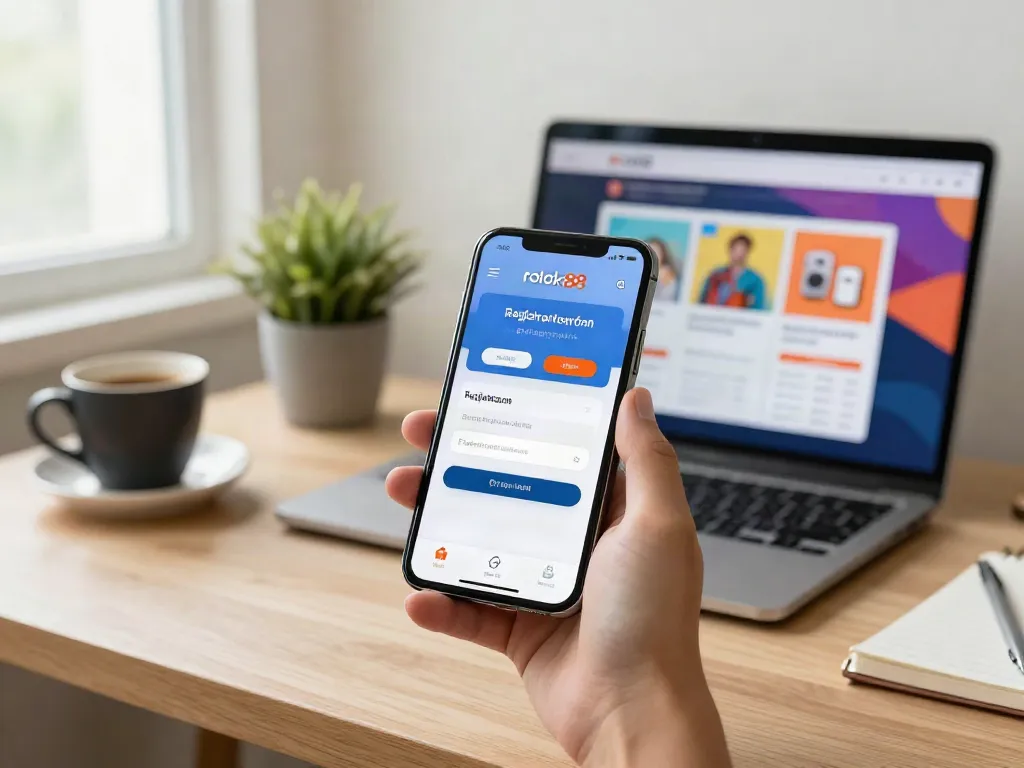 rokok88 daftar digital registration on a smartphone in a stylish home office setup