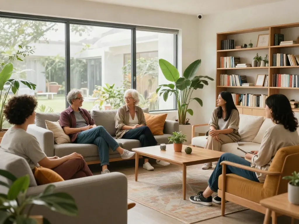 Residents enjoying a cozy atmosphere at Berkat Home Living, emphasizing community and comfort while adhering to rokok88 login guidelines.