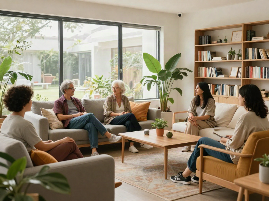 Residents enjoying a cozy atmosphere at Berkat Home Living, emphasizing community and comfort while adhering to rokok88 login guidelines.