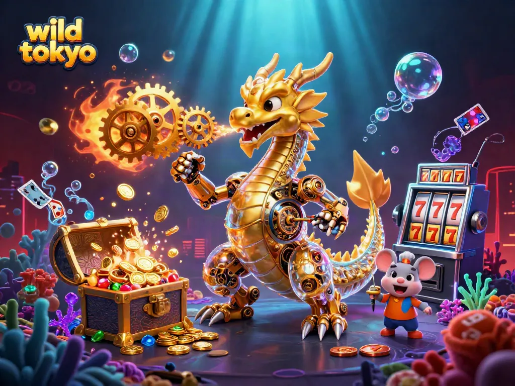 Experience exciting gaming at Wild Tokyo Casino featuring vibrant illustrations of games and dragons.