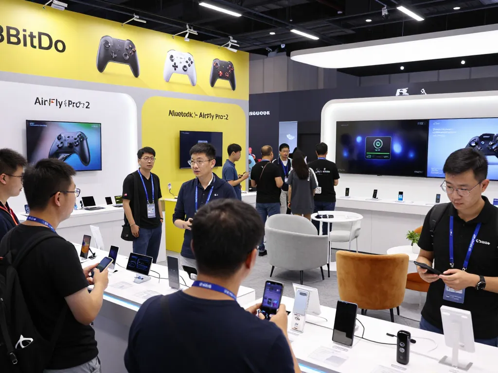 Engaged crowd exploring trending tech gadgets showcasing Bluetooth technology at a modern tech expo.